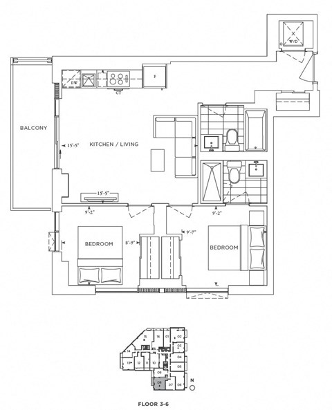 Floor plan for 2 beds, 2 baths, 736 sqft